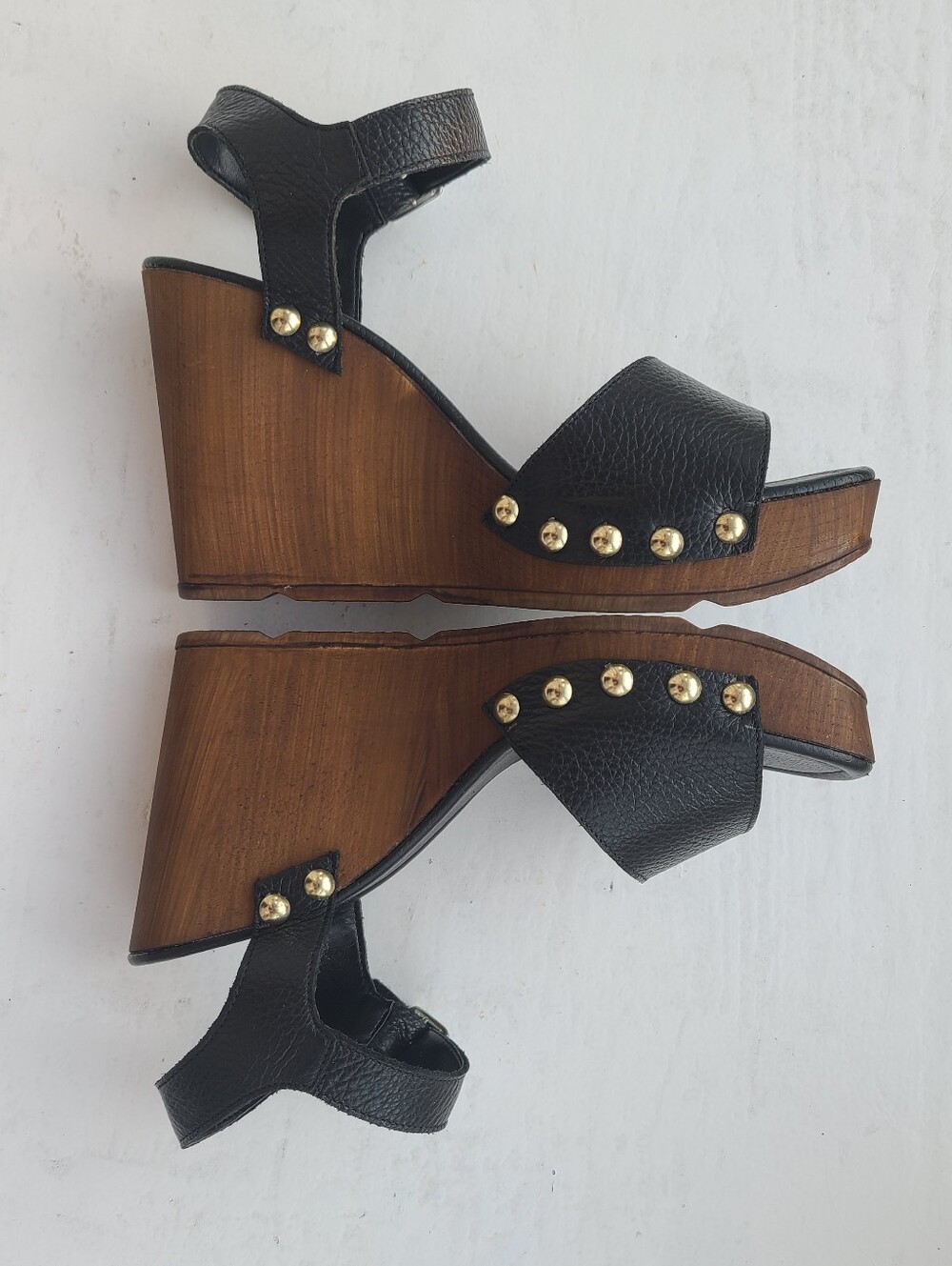 🌟Christian Di Riccio Black Studded Leather Wedge Sandals Size 8 EU 39 Italy - Picture 5 of 9